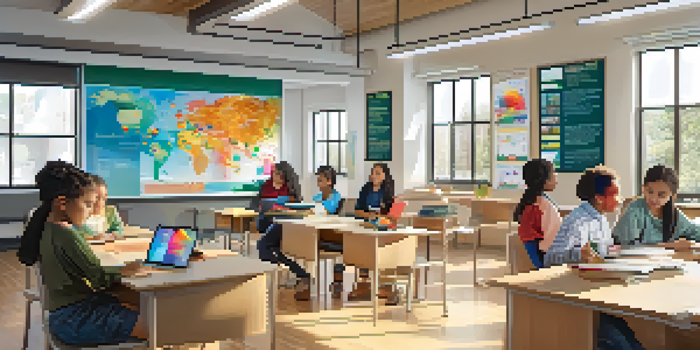 A vibrant classroom with diverse students actively learning, AI displays showing performance analytics, and colorful educational materials.