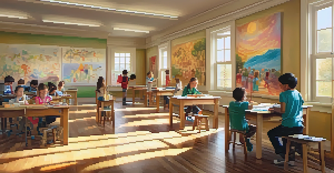 A lively classroom with children participating in art activities such as painting and sculpting, surrounded by their colorful artwork.