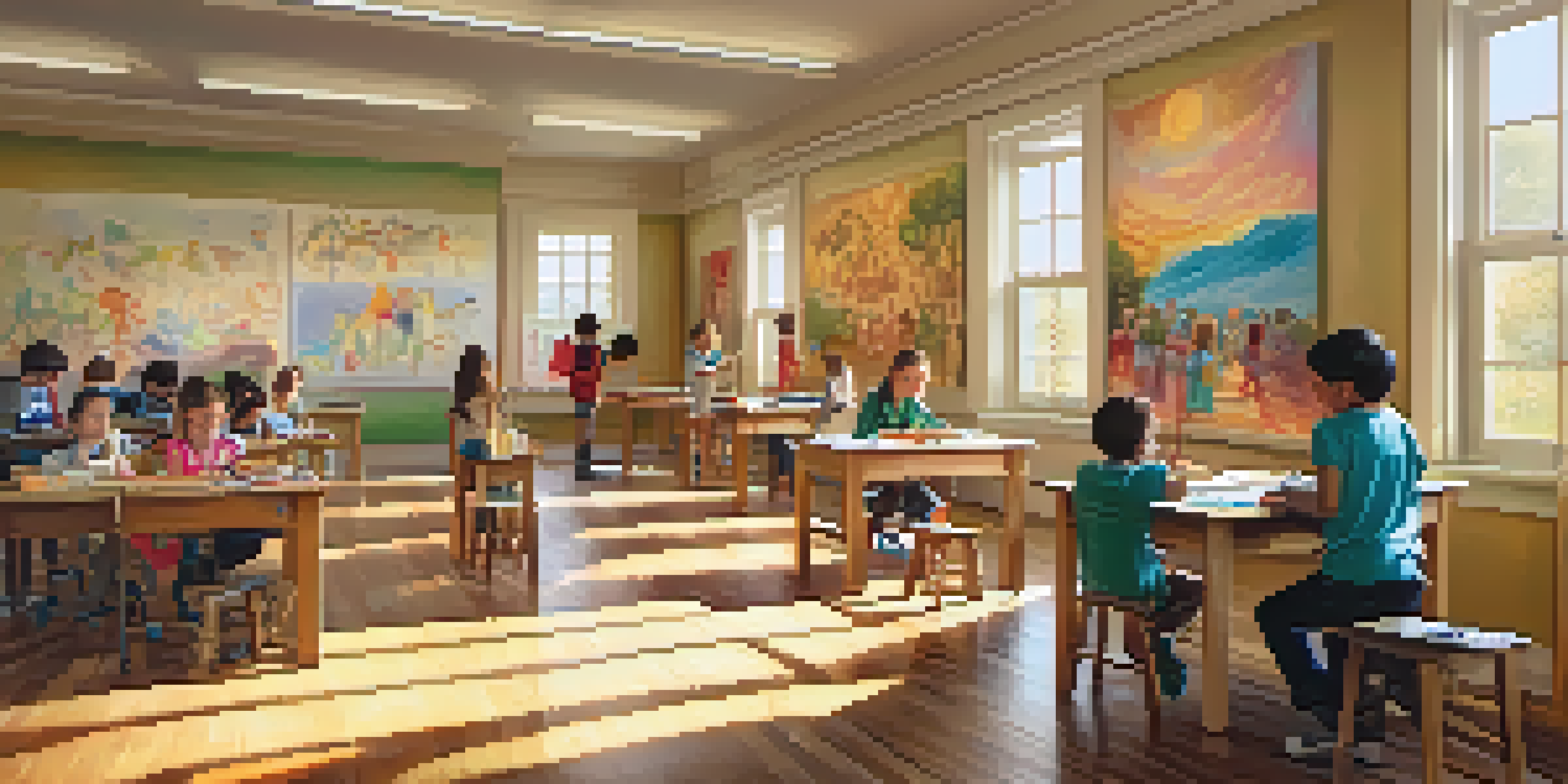 A lively classroom with children participating in art activities such as painting and sculpting, surrounded by their colorful artwork.