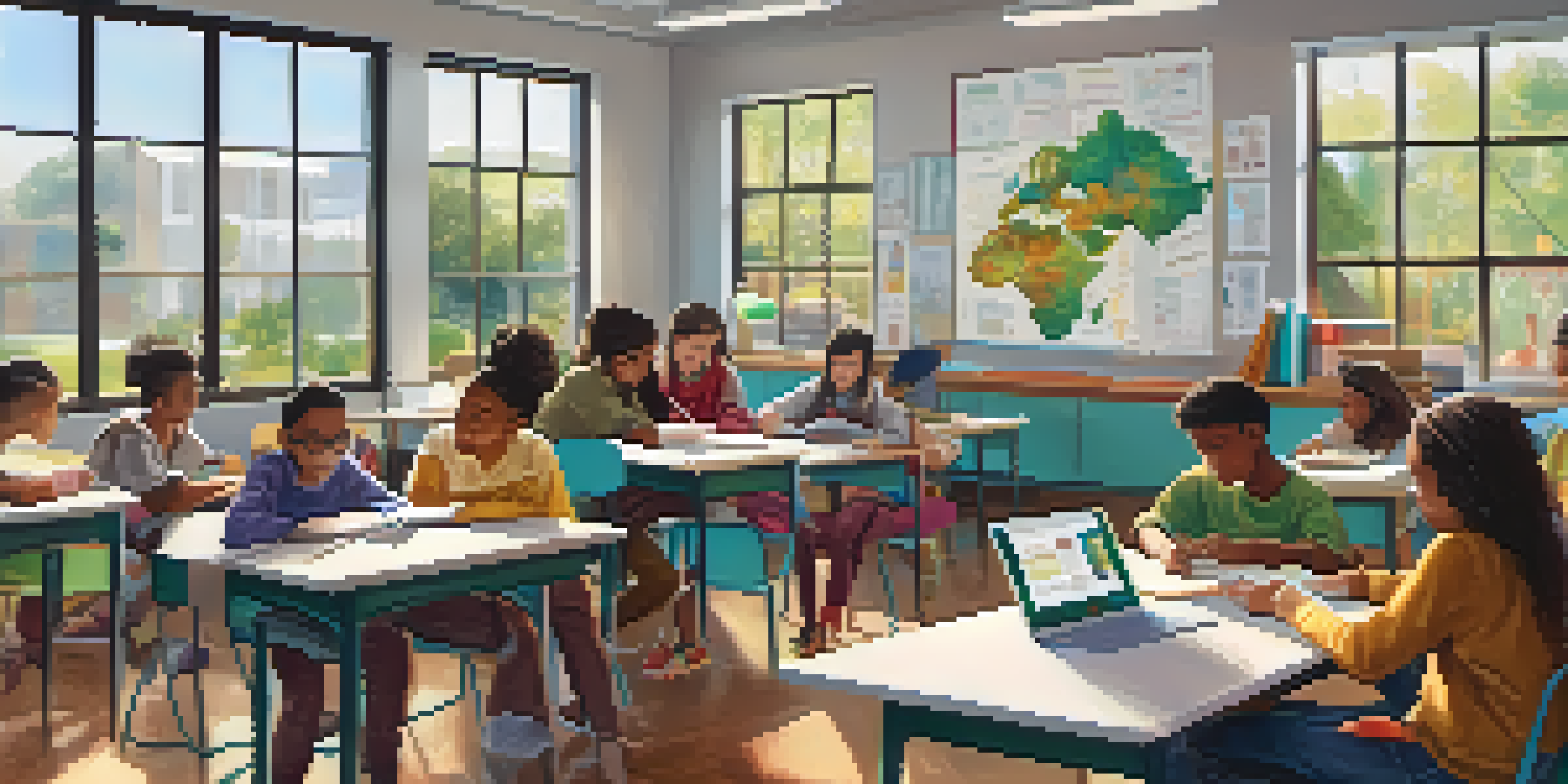 A lively classroom with students of different backgrounds working together in small groups, surrounded by educational materials and bright natural light.