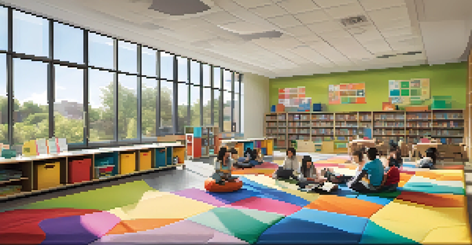 A bright and flexible classroom with diverse seating options, students collaborating and studying in various areas, and plenty of natural light.