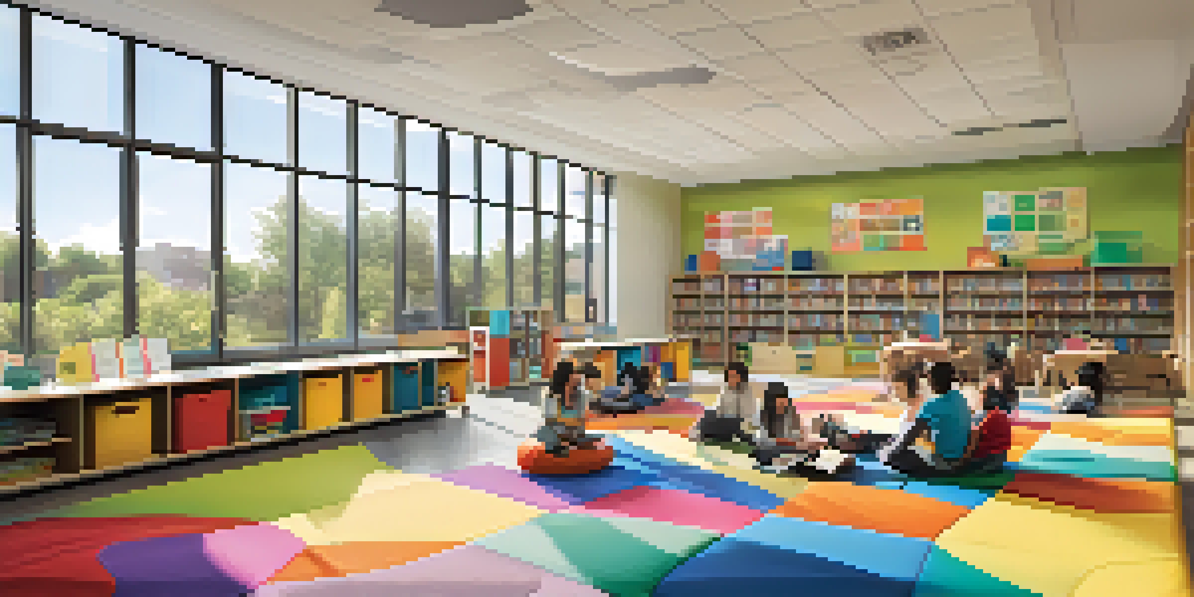 A bright and flexible classroom with diverse seating options, students collaborating and studying in various areas, and plenty of natural light.