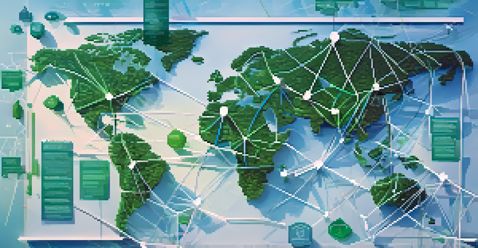 An illustration of blockchain technology with interconnected nodes, set against a world map background.