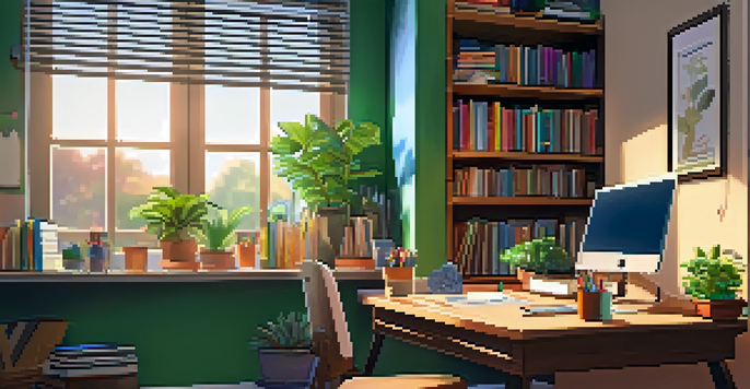 A bright and inviting home learning space with a desk, laptop, colorful wall art, and bookshelves bathed in sunlight.