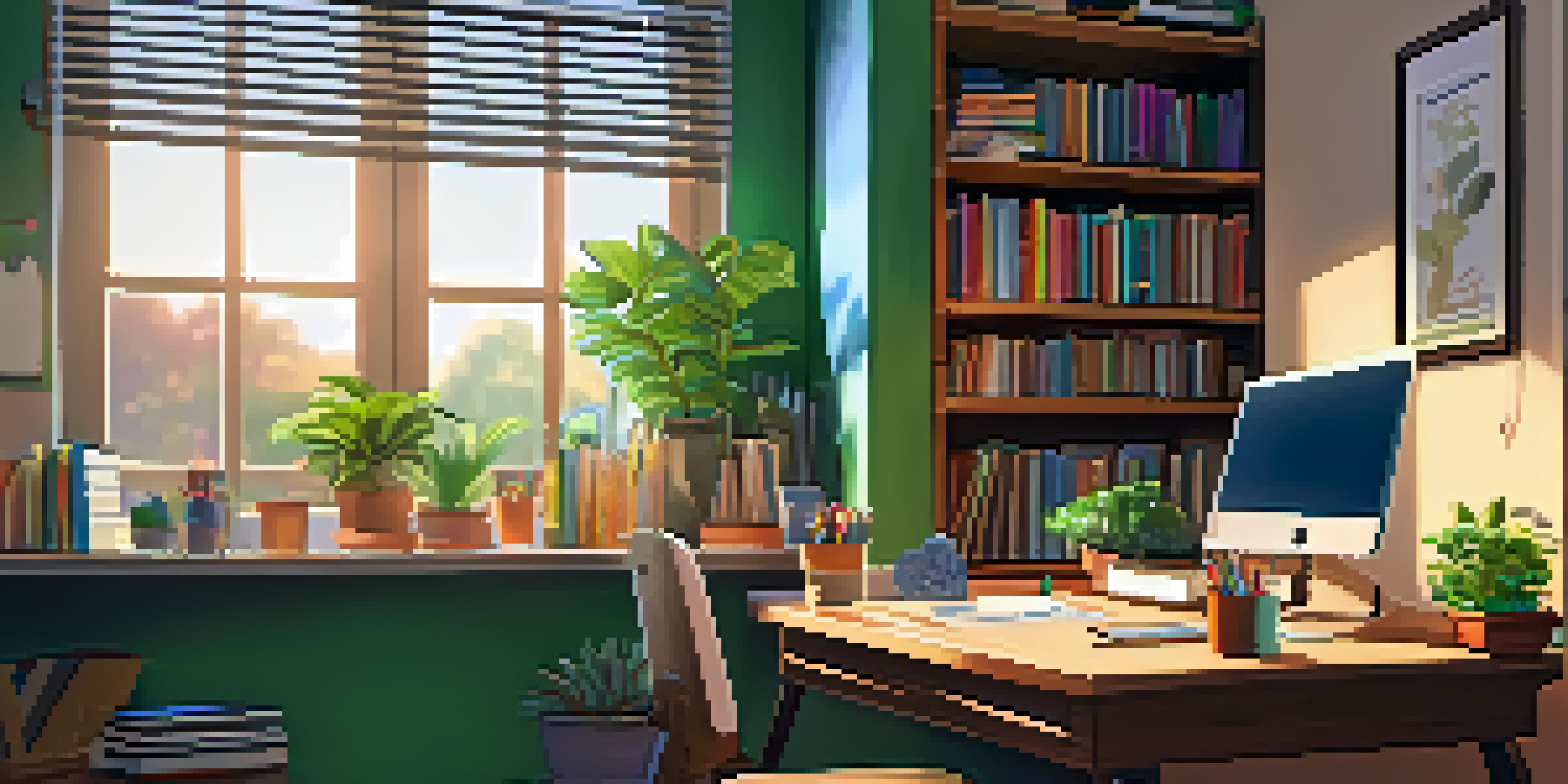 A bright and inviting home learning space with a desk, laptop, colorful wall art, and bookshelves bathed in sunlight.