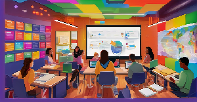 A virtual classroom with diverse students engaged in learning from different locations, using laptops and headphones, with colorful educational graphics in the background.