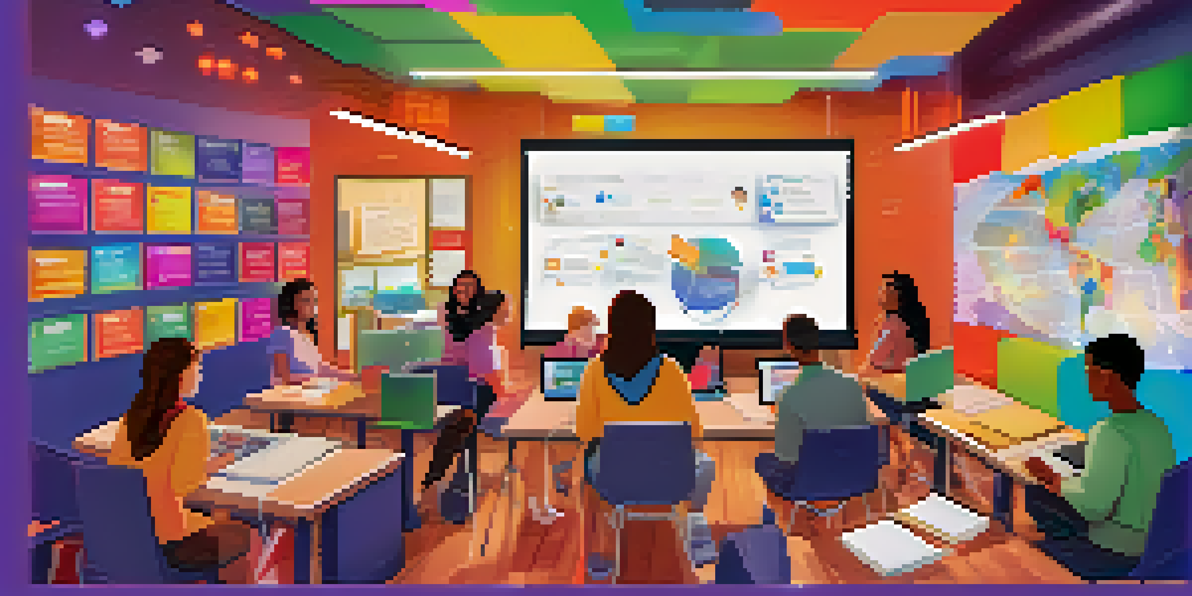 A virtual classroom with diverse students engaged in learning from different locations, using laptops and headphones, with colorful educational graphics in the background.