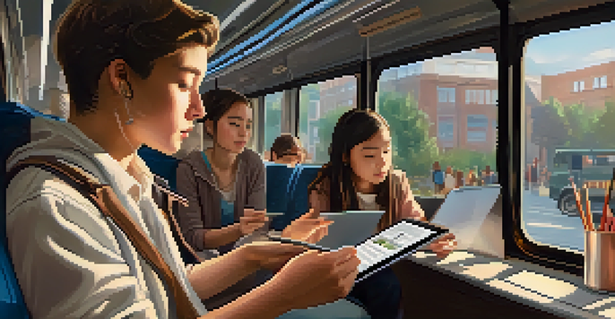 A student studying on a tablet while sitting on a bus, with other passengers around, illuminated by soft lighting.