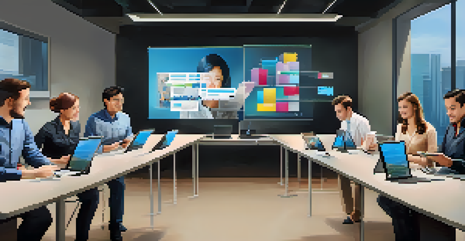 Employees participating in a mobile learning session, using devices and collaborating with a screen displaying interactive content.