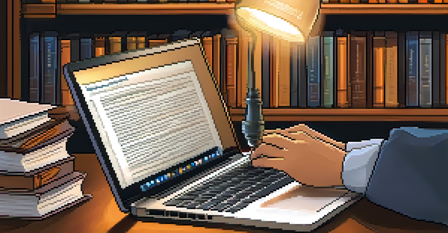 A close-up of hands typing on a laptop, with a flowchart of ethical guidelines on the screen, in a cozy study setting.