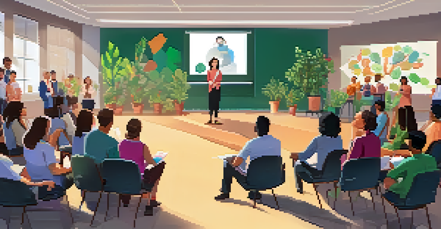 A teacher presenting a collaborative project in a school staff meeting, with colleagues attentively listening.