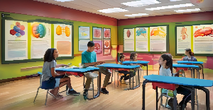 Students in a classroom wearing augmented reality headsets, engaging with a 3D holographic model of the human body, surrounded by colorful visuals.