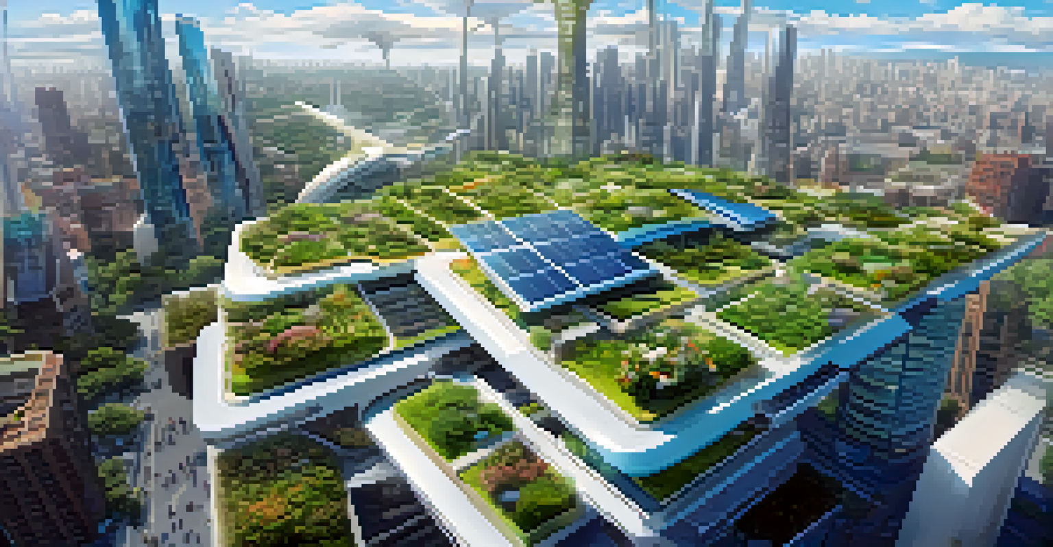 A futuristic cityscape showcasing innovative architecture, green spaces, and digital technology seamlessly integrated into urban life.