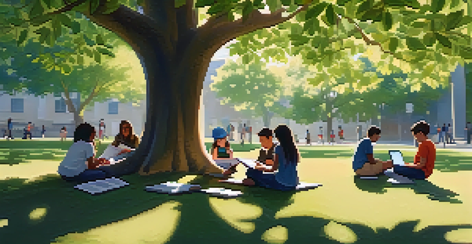 A diverse group of students in an outdoor classroom, engaged in discussion under a large tree with sunlight filtering through the leaves.