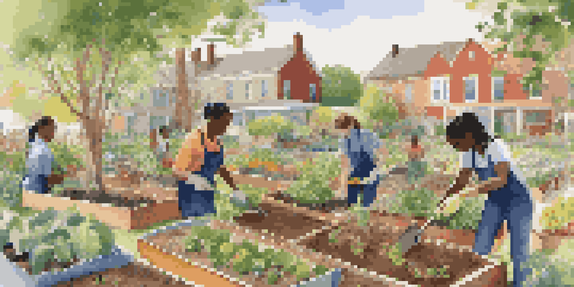 Students from various backgrounds collaborating in a community garden, planting flowers and vegetables under sunlight.