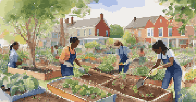 Students from various backgrounds collaborating in a community garden, planting flowers and vegetables under sunlight.