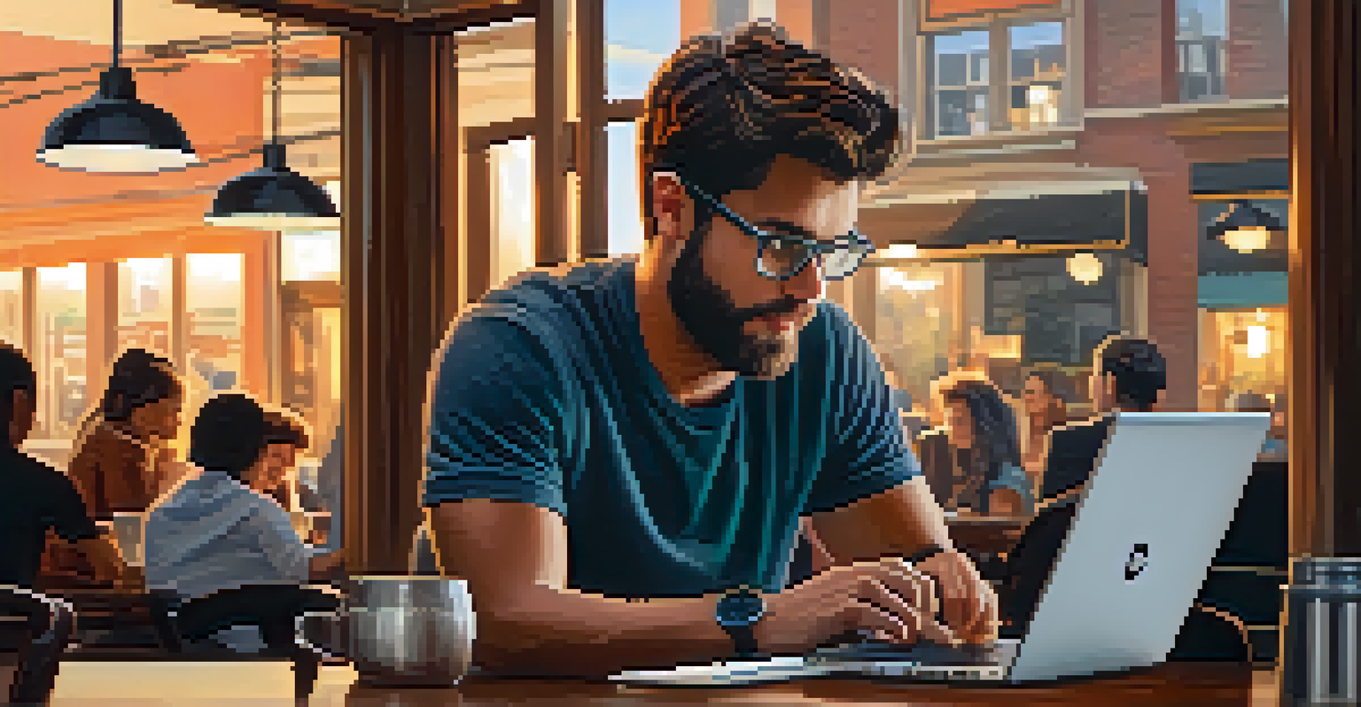 A person using a laptop in a coffee shop, connecting with professionals on LinkedIn, surrounded by a warm atmosphere filled with other patrons.
