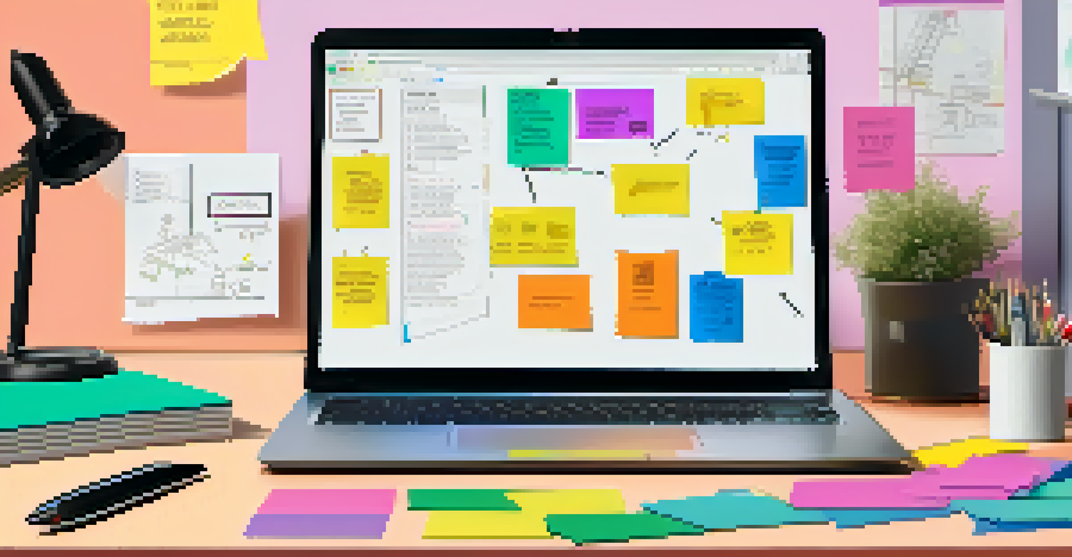 A laptop screen displaying a vibrant digital collaborative workspace with sticky notes and diagrams.
