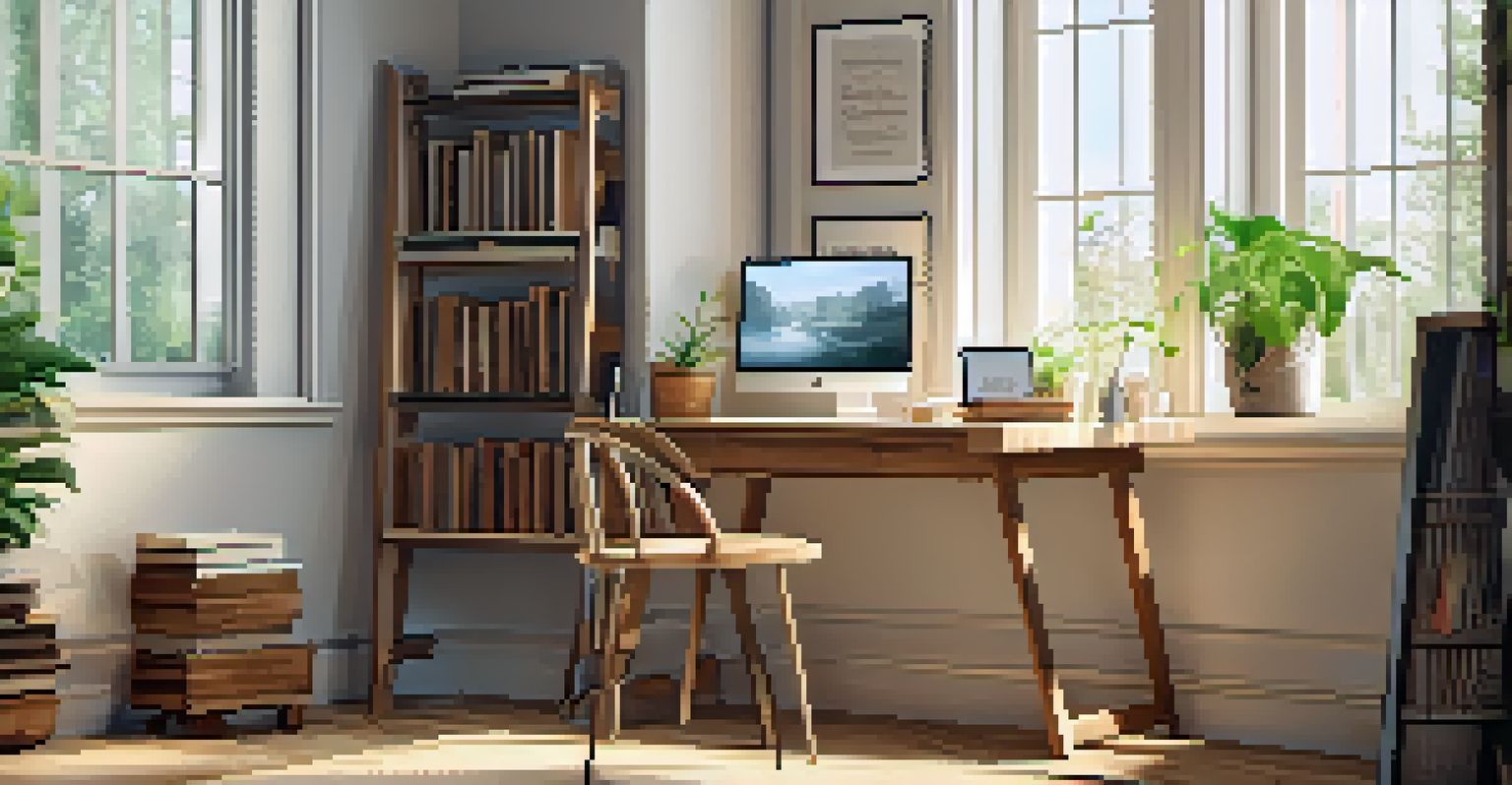 A cozy study space featuring a wooden desk with books, a laptop, and a plant, illuminated by natural light from a window.