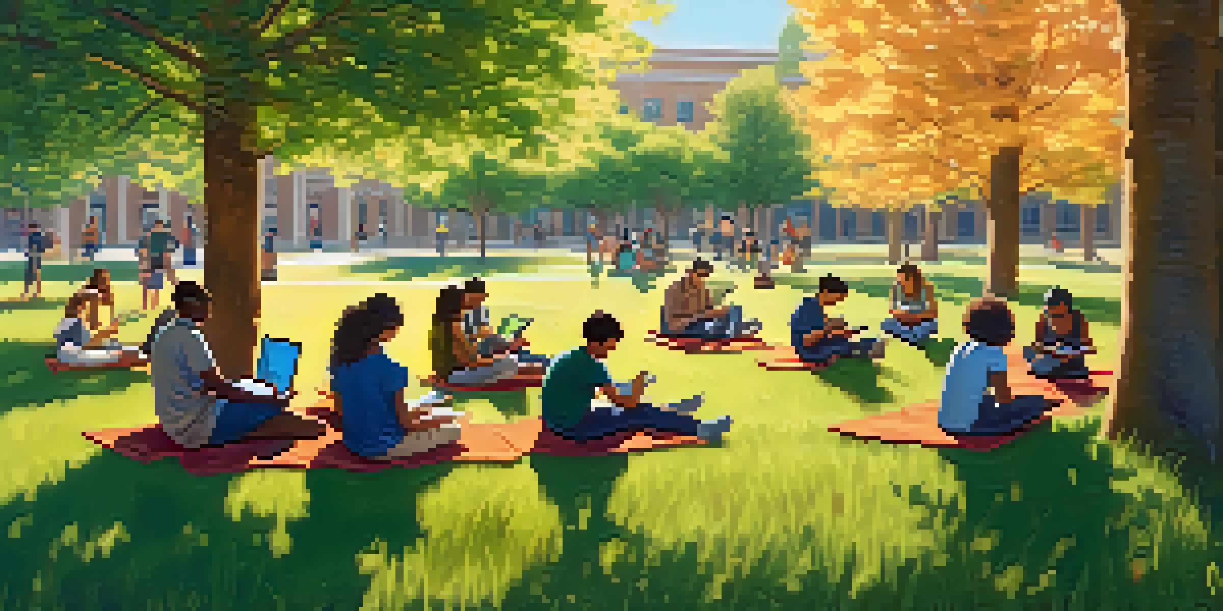 Students of various backgrounds sitting on a grassy field, using mobile devices and tablets in a sunny outdoor setting.