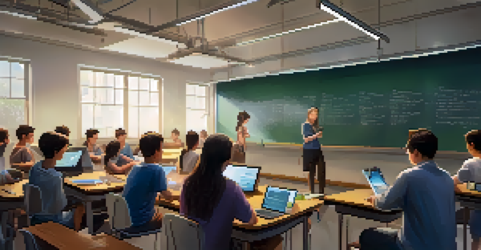 A teacher guiding students in a tech workshop, with various digital devices around them, creating an engaging learning environment.
