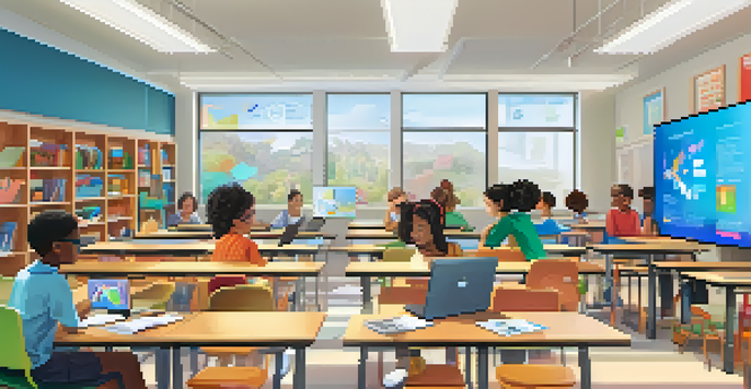 A diverse group of students in a bright classroom, each using a digital device for personalized learning.