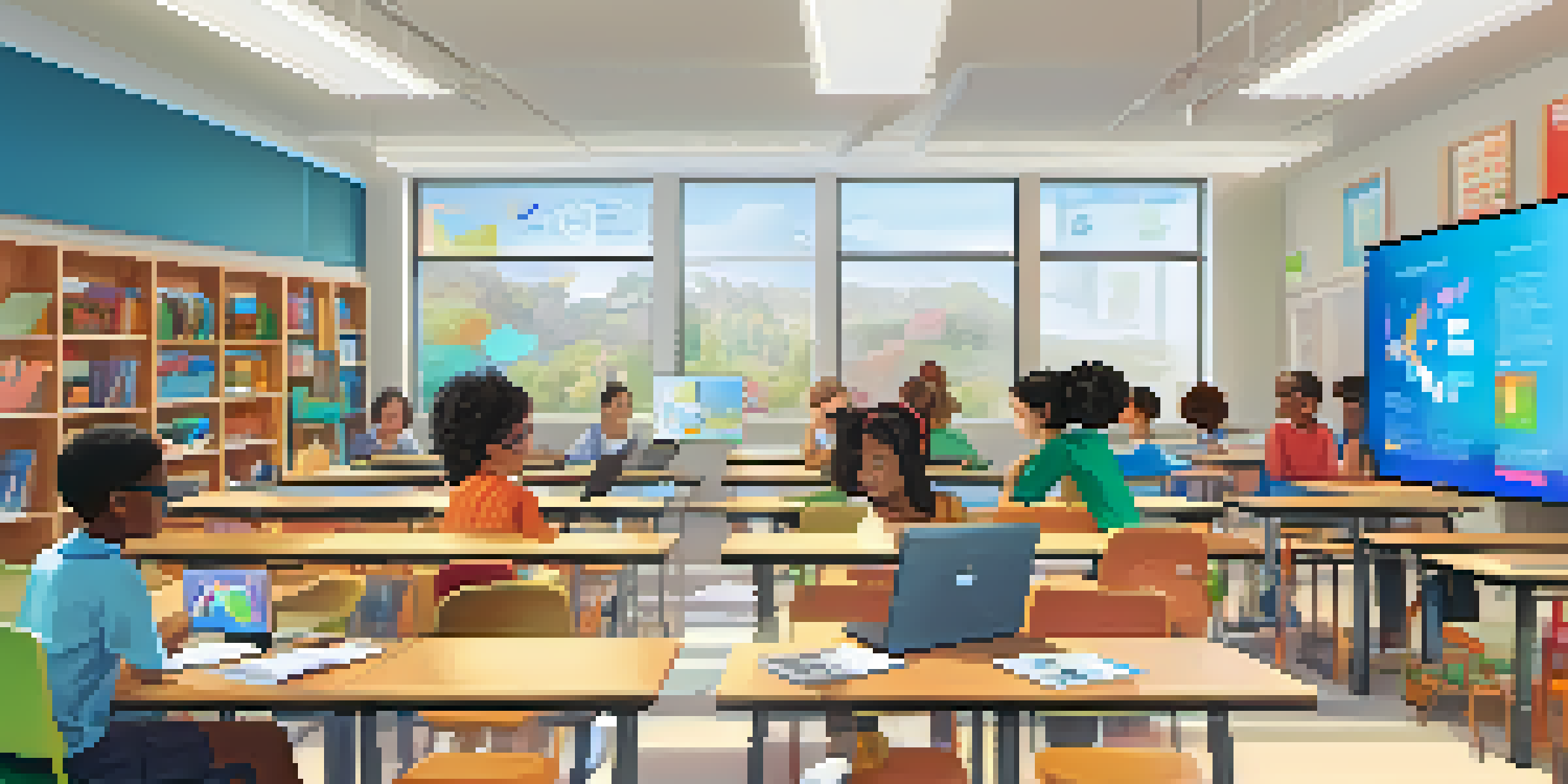 A diverse group of students in a bright classroom, each using a digital device for personalized learning.