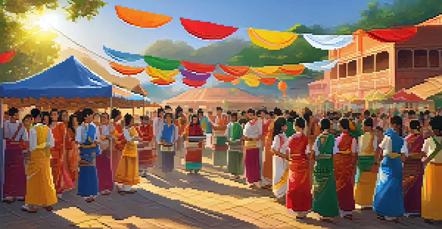 An outdoor cultural festival at a school with students in traditional attire participating in dance and art activities, surrounded by colorful booths and decorations.