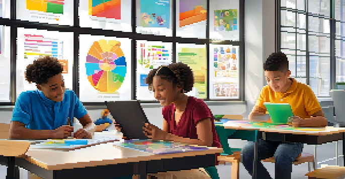 A colorful classroom filled with students using different learning tools, including tablets, laptops, and engaged in discussions.