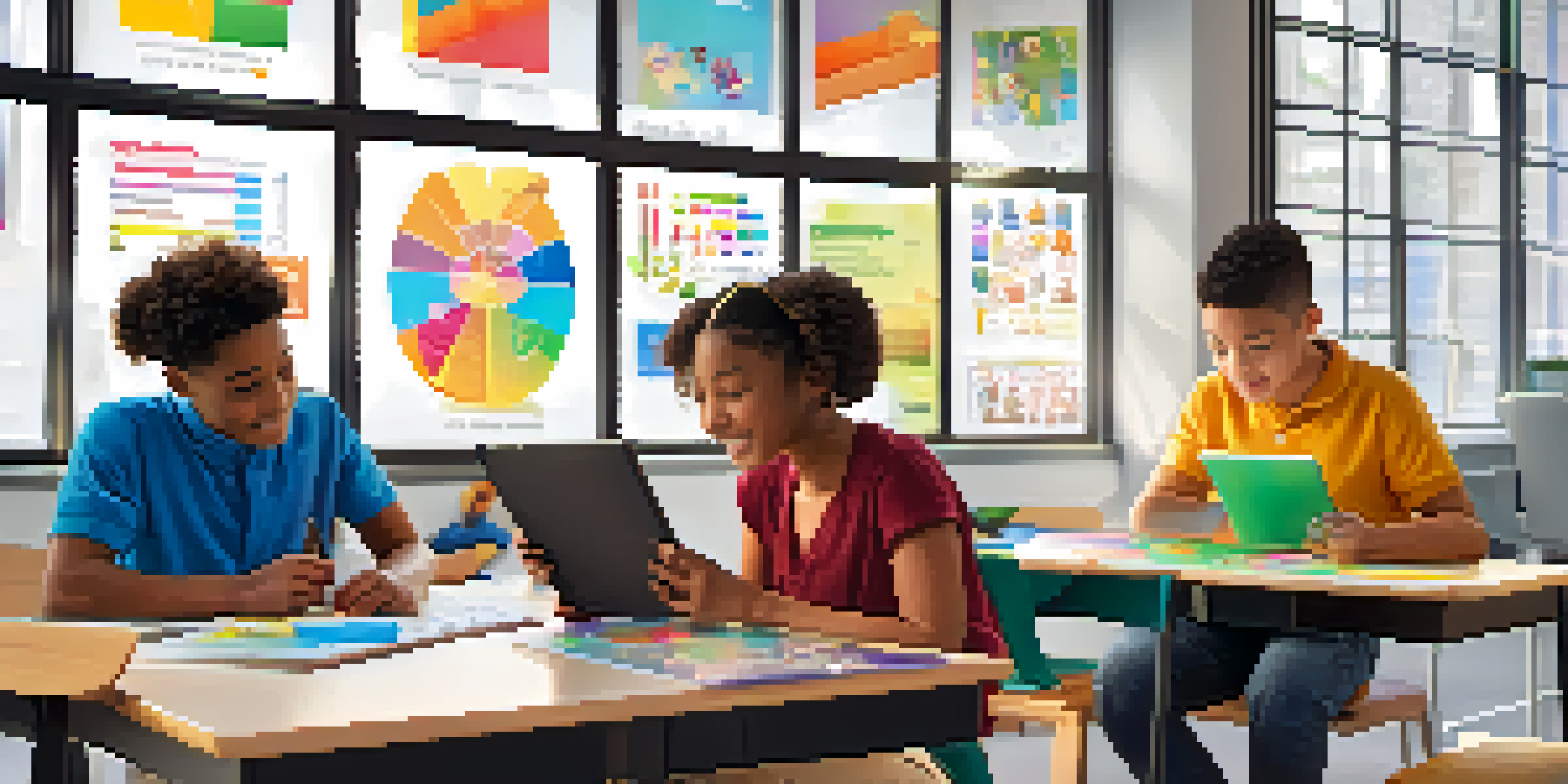 A colorful classroom filled with students using different learning tools, including tablets, laptops, and engaged in discussions.