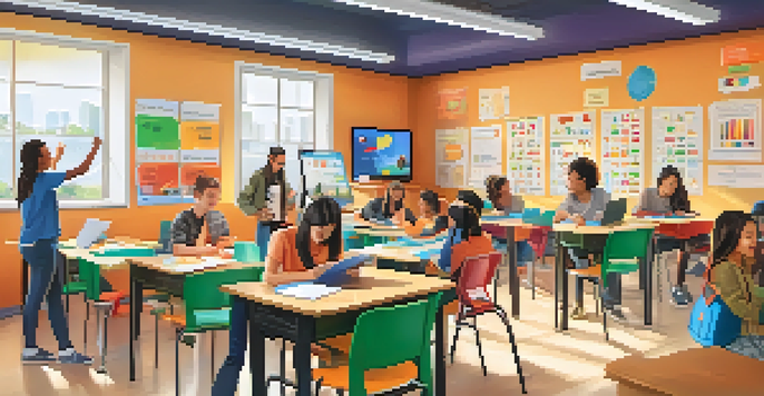 A lively classroom filled with students collaborating on gamified learning activities, surrounded by colorful decorations.