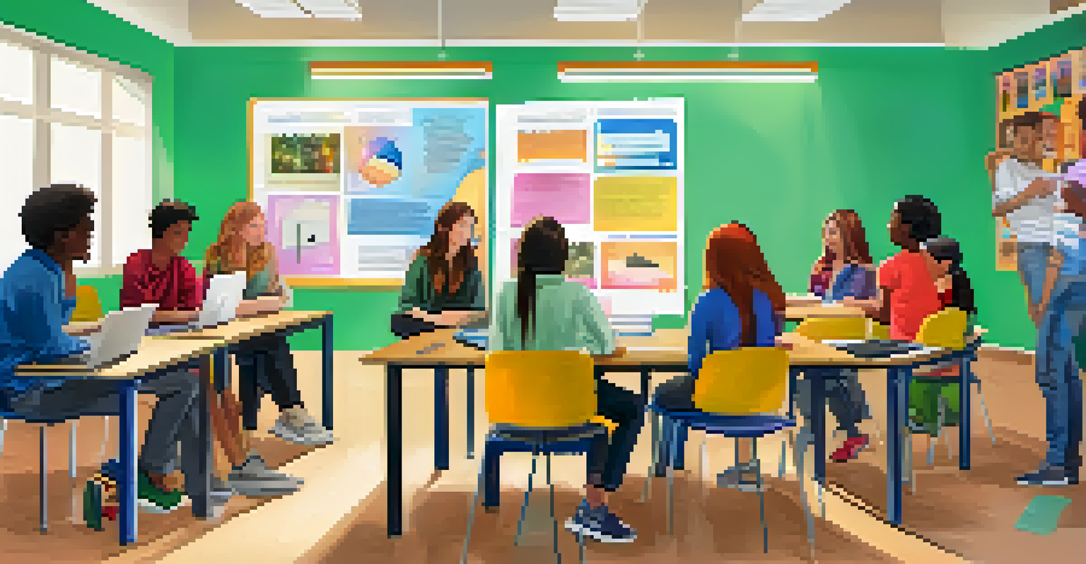Students discussing in a classroom, using different media for reflection.