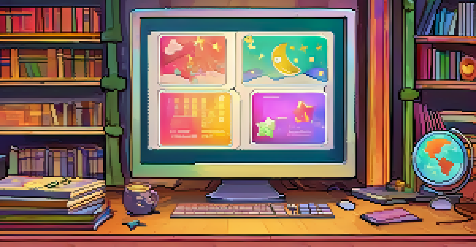 A computer screen showing an interactive quiz game with colorful graphics and rewards, surrounded by a cozy study setup.