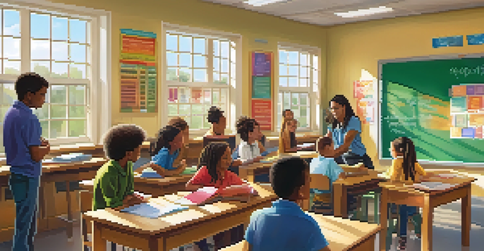 A lively classroom with a teacher interacting with diverse students, filled with colorful posters and sunlight coming through the windows.