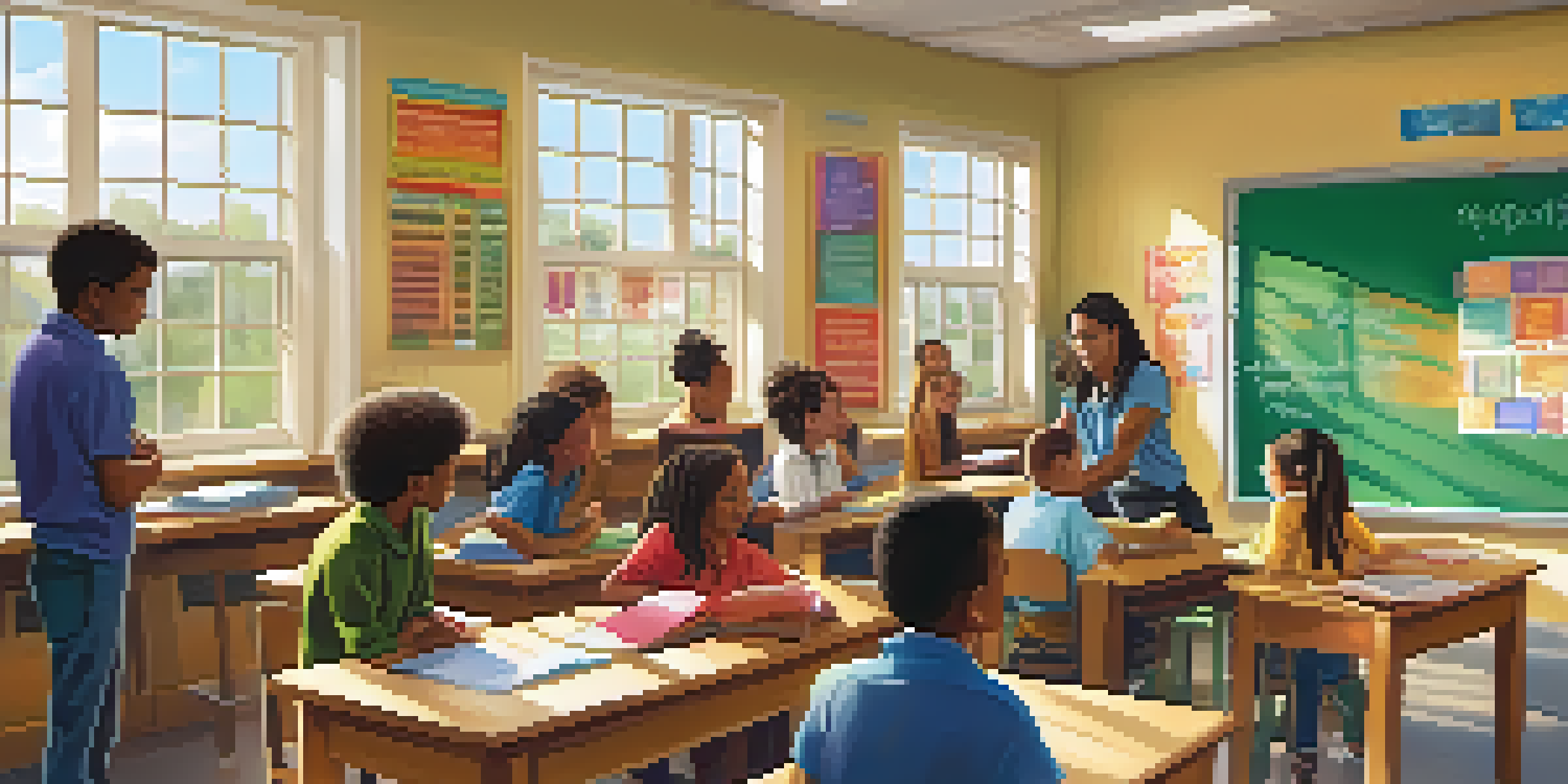 A lively classroom with a teacher interacting with diverse students, filled with colorful posters and sunlight coming through the windows.