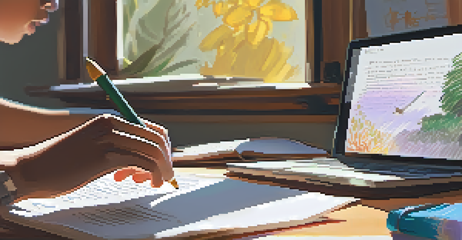 A student writing in a reflective journal with a laptop and books on the desk, illuminated by soft sunlight.