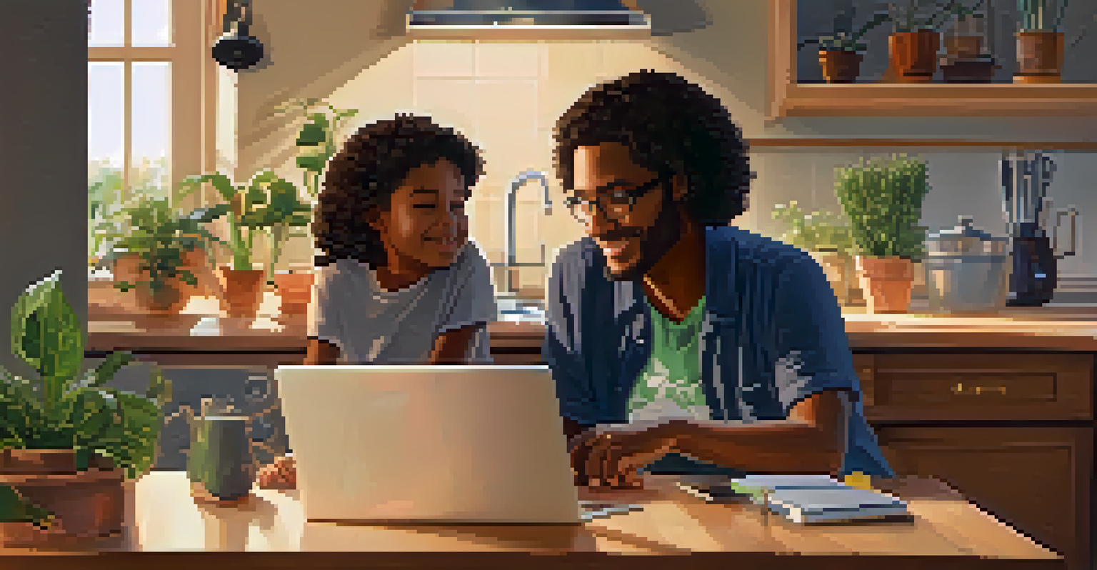 A parent and child looking at a laptop together at a kitchen table, surrounded by educational materials and a cozy home environment.