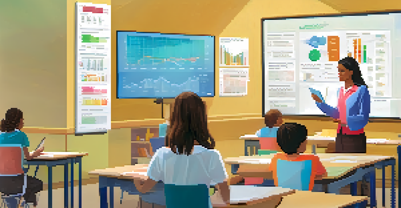 A teacher reviewing student performance analytics on a digital assessment platform, with graphs displayed on the screen in a bright classroom.