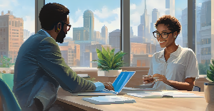 A mentor and a mentee discussing over a laptop in a bright office with plants and city views.