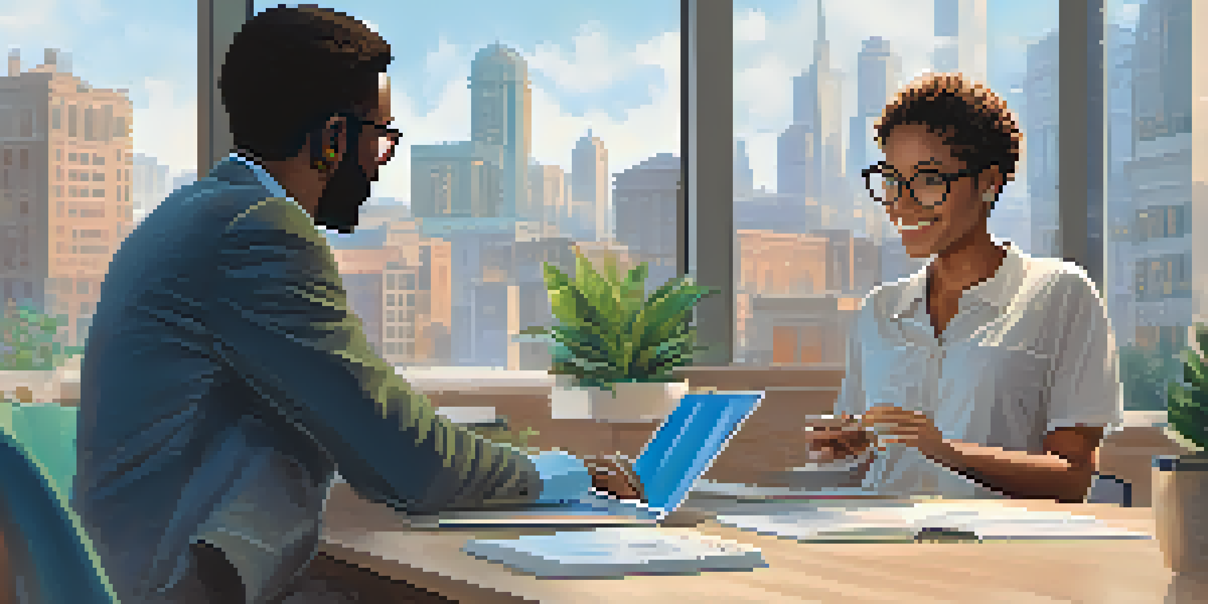 A mentor and a mentee discussing over a laptop in a bright office with plants and city views.