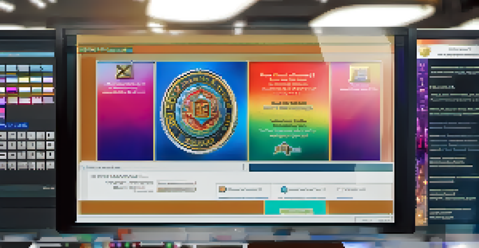 A digital badge displayed on a computer screen in an office setting, showcasing vibrant colors and intricate designs.