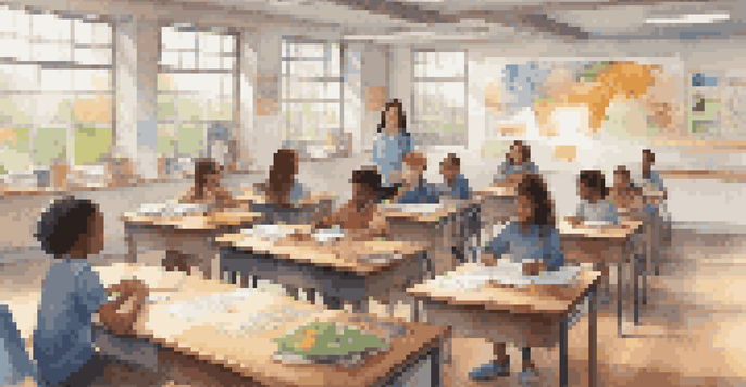 A classroom with diverse students using digital devices and engaging in learning activities with a teacher.