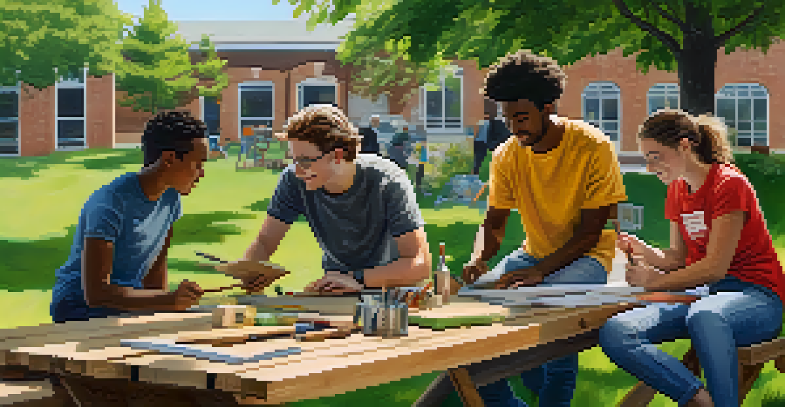 Students from various backgrounds collaborating outdoors on a community project, discussing ideas around a picnic table in a green setting.