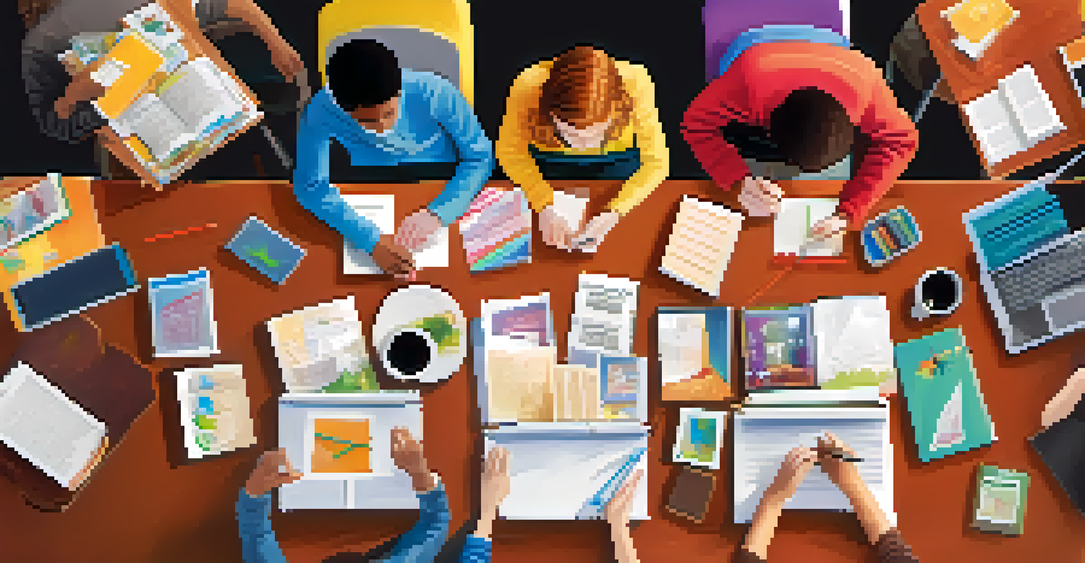 An overhead view of students collaborating on a STEM project with books and laptops on a modern table.