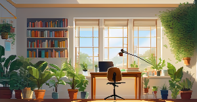 A student engaged in online learning at a desk, surrounded by books and a laptop, in a bright and inviting room with plants and motivational posters.