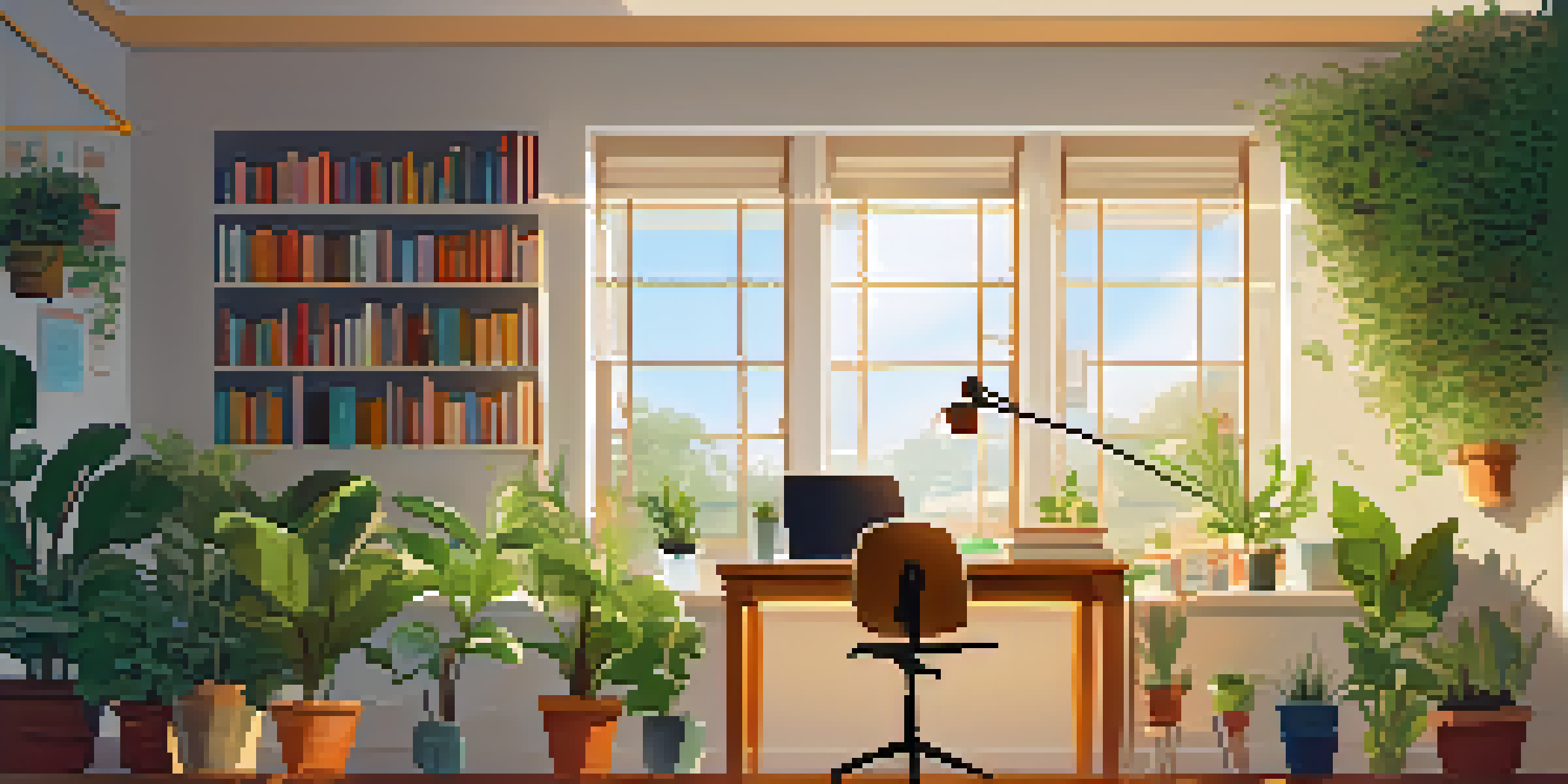 A student engaged in online learning at a desk, surrounded by books and a laptop, in a bright and inviting room with plants and motivational posters.