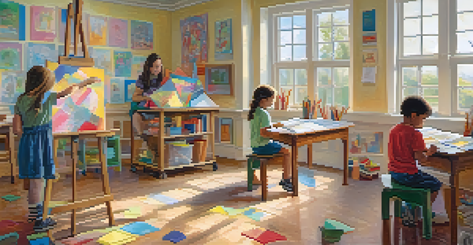 A lively classroom filled with children participating in various creative activities, including painting and building, with bright sunlight and colorful decor.