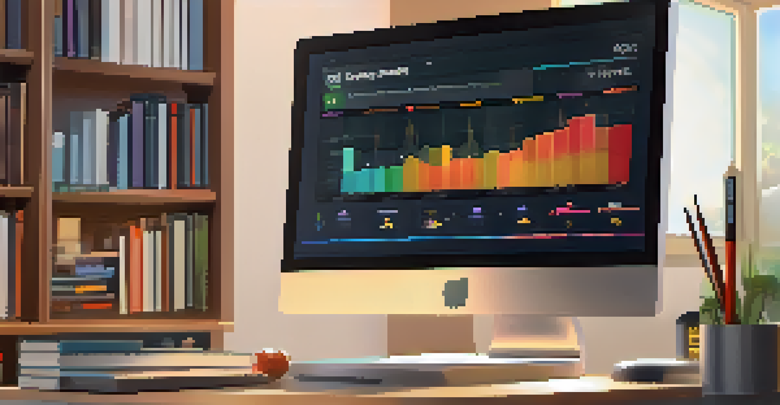 A detailed view of a learning analytics dashboard on a computer screen, featuring colorful graphs and metrics, set in a cozy study space.