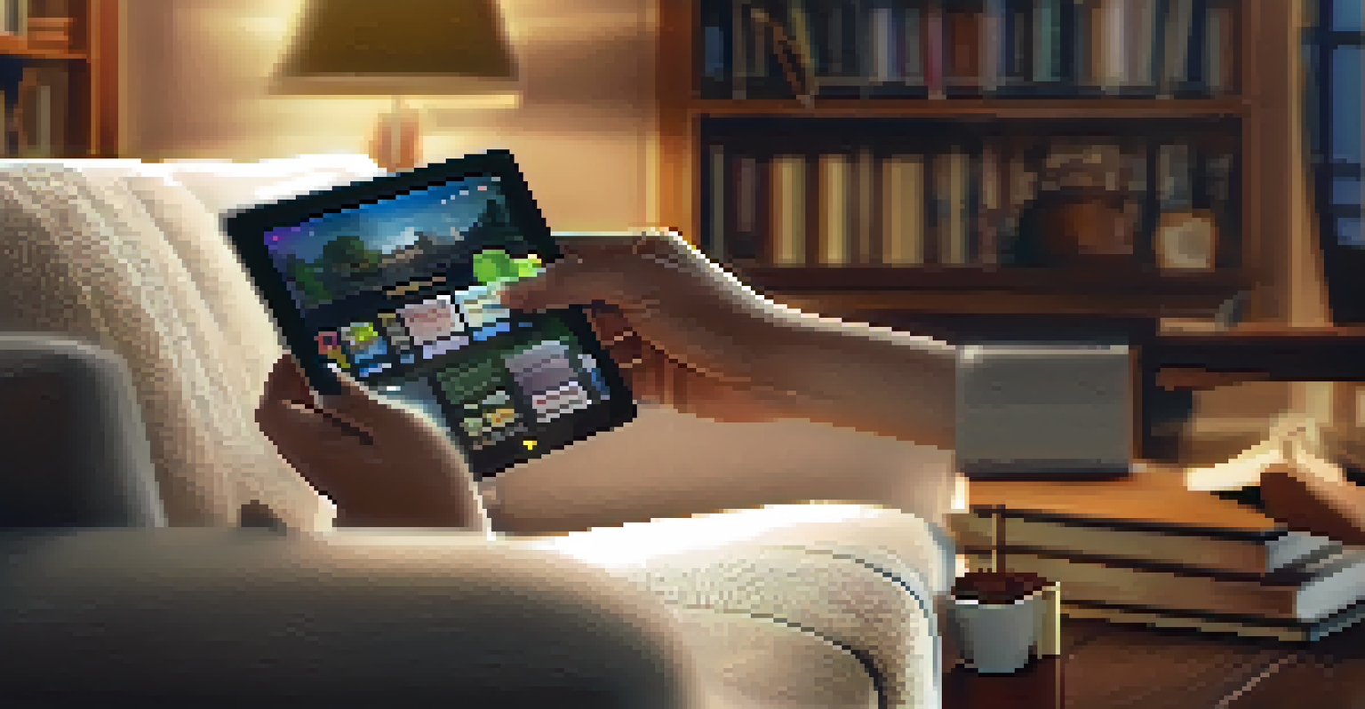 A close-up of a hand interacting with a tablet displaying an educational app, set in a cozy living room with warm lighting.