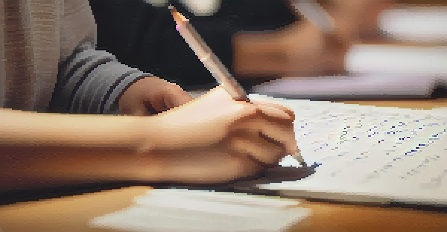 A close-up of hands writing notes, with blurred classmates in the background, illustrating a collaborative learning environment.